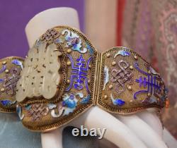Antique Sterling Filigree gold vermeil Huge nephrite Jade Enamel bracelet