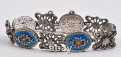 Antique Sterling Silver Guilloche Blue enamel & marcasite Ladies 7 bracelet