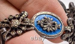 Antique Sterling Silver Guilloche Blue enamel & marcasite Ladies 7 bracelet