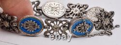 Antique Sterling Silver Guilloche Blue enamel & marcasite Ladies 7 bracelet