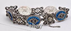 Antique Sterling Silver Guilloche Blue enamel & marcasite Ladies 7 bracelet