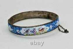 Antique Victorian Blue Enameled Bird Hinged Sterling Bracelet