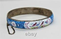 Antique Victorian Blue Enameled Bird Hinged Sterling Bracelet