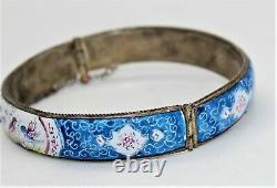 Antique Victorian Blue Enameled Bird Hinged Sterling Bracelet