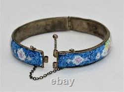 Antique Victorian Blue Enameled Bird Hinged Sterling Bracelet