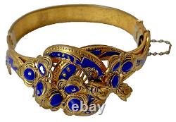 Antique Victorian Leo Glass Blue Enamel Bracelet Gold Plated on Brass