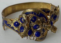 Antique Victorian Leo Glass Blue Enamel Bracelet Gold Plated on Brass