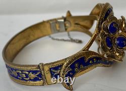 Antique Victorian Leo Glass Blue Enamel Bracelet Gold Plated on Brass