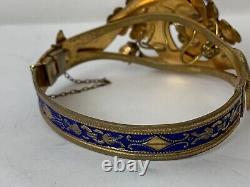 Antique Victorian Leo Glass Blue Enamel Bracelet Gold Plated on Brass