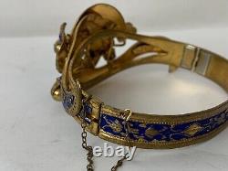 Antique Victorian Leo Glass Blue Enamel Bracelet Gold Plated on Brass