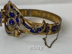 Antique Victorian Leo Glass Blue Enamel Bracelet Gold Plated on Brass