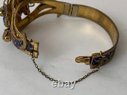 Antique Victorian Leo Glass Blue Enamel Bracelet Gold Plated on Brass