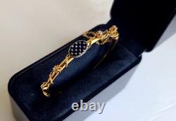 Antique Victorian Solid Gold Blue Enamel Diamond Hinged Tube Bangle Bracelet Wow