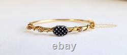 Antique Victorian Solid Gold Blue Enamel Diamond Hinged Tube Bangle Bracelet Wow