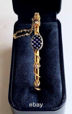 Antique Victorian Solid Gold Blue Enamel Diamond Hinged Tube Bangle Bracelet Wow