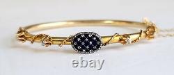 Antique Victorian Solid Gold Blue Enamel Diamond Hinged Tube Bangle Bracelet Wow