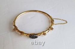 Antique Victorian Solid Gold Blue Enamel Diamond Hinged Tube Bangle Bracelet Wow