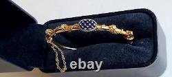 Antique Victorian Solid Gold Blue Enamel Diamond Hinged Tube Bangle Bracelet Wow