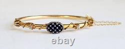 Antique Victorian Solid Gold Blue Enamel Diamond Hinged Tube Bangle Bracelet Wow