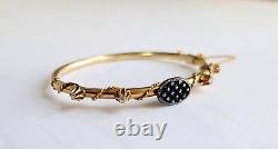 Antique Victorian Solid Gold Blue Enamel Diamond Hinged Tube Bangle Bracelet Wow