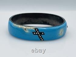 Antique Victorian Sterling Silver Blue Enamel Seed Pearl Cross Bangle Bracelet