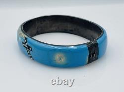 Antique Victorian Sterling Silver Blue Enamel Seed Pearl Cross Bangle Bracelet