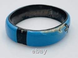 Antique Victorian Sterling Silver Blue Enamel Seed Pearl Cross Bangle Bracelet