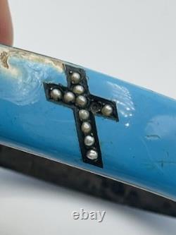 Antique Victorian Sterling Silver Blue Enamel Seed Pearl Cross Bangle Bracelet