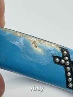 Antique Victorian Sterling Silver Blue Enamel Seed Pearl Cross Bangle Bracelet