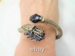 Antique Vintage Chinese 800 Silver Mesh Blue Enamel Dragon Snake Bracelet Asian