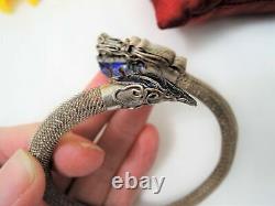 Antique Vintage Chinese 800 Silver Mesh Blue Enamel Dragon Snake Bracelet Asian