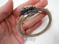 Antique Vintage Chinese 800 Silver Mesh Blue Enamel Dragon Snake Bracelet Asian