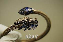 Antique Vintage Chinese 800 Silver Mesh Blue Enamel Dragon Snake Bracelet Asian