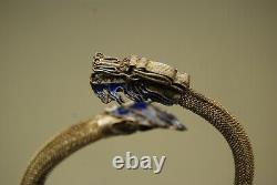 Antique Vintage Chinese 800 Silver Mesh Blue Enamel Dragon Snake Bracelet Asian