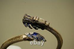 Antique Vintage Chinese 800 Silver Mesh Blue Enamel Dragon Snake Bracelet Asian