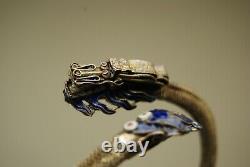 Antique Vintage Chinese 800 Silver Mesh Blue Enamel Dragon Snake Bracelet Asian