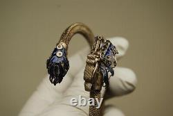 Antique Vintage Chinese 800 Silver Mesh Blue Enamel Dragon Snake Bracelet Asian