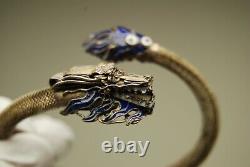 Antique Vintage Chinese 800 Silver Mesh Blue Enamel Dragon Snake Bracelet Asian
