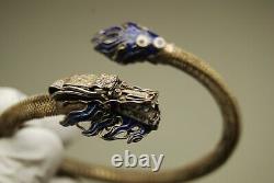 Antique Vintage Chinese 800 Silver Mesh Blue Enamel Dragon Snake Bracelet Asian