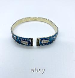 Antique Vintage Chinese Silver Blue Enamel Bracelet Repousse