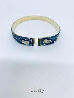 Antique Vintage Chinese Silver Blue Enamel Bracelet Repousse