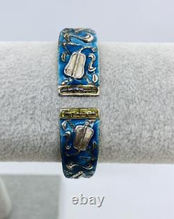 Antique Vintage Chinese Silver Blue Enamel Bracelet Repousse