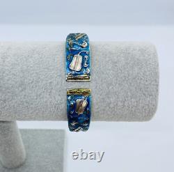 Antique Vintage Chinese Silver Blue Enamel Bracelet Repousse