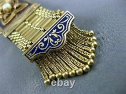 Antique Wide Blue Enamel & Pearl 14kt Yellow Gold Bracelet Filigree Tassel #666