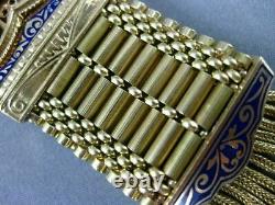Antique Wide Blue Enamel & Pearl 14kt Yellow Gold Bracelet Filigree Tassel #666