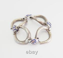 Antique sterling 925 silver and blue enamel unique wide handmade bracelet