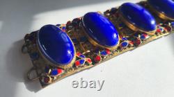 Art Deco Bracelet Cuff Lapis Blue Enamel Goldtone Egyptian 1920s Cobalt Filigree