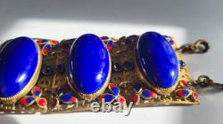 Art Deco Bracelet Cuff Lapis Blue Enamel Goldtone Egyptian 1920s Cobalt Filigree