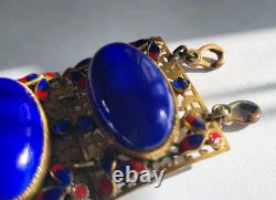 Art Deco Bracelet Cuff Lapis Blue Enamel Goldtone Egyptian 1920s Cobalt Filigree