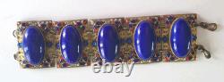 Art Deco Bracelet Cuff Lapis Blue Enamel Goldtone Egyptian 1920s Cobalt Filigree